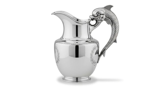 Elegant Silver Dolphin Handle Pitcher Still Life.