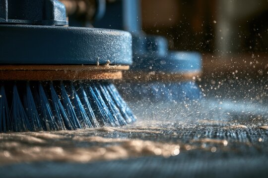 Blue brush of a carpet cleaning machine washing a dirty floor with water splashes