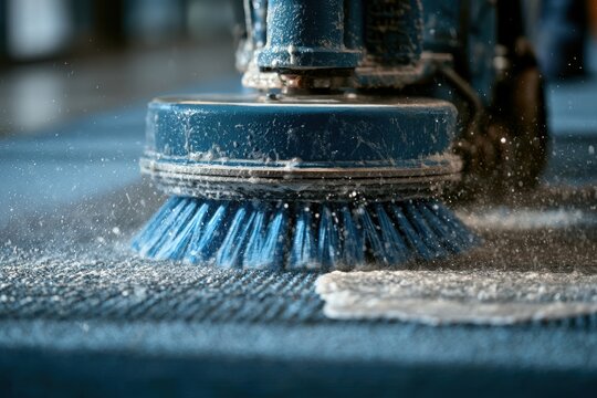 Blue rotary brush on a cleaning machine washing a dark textile floor