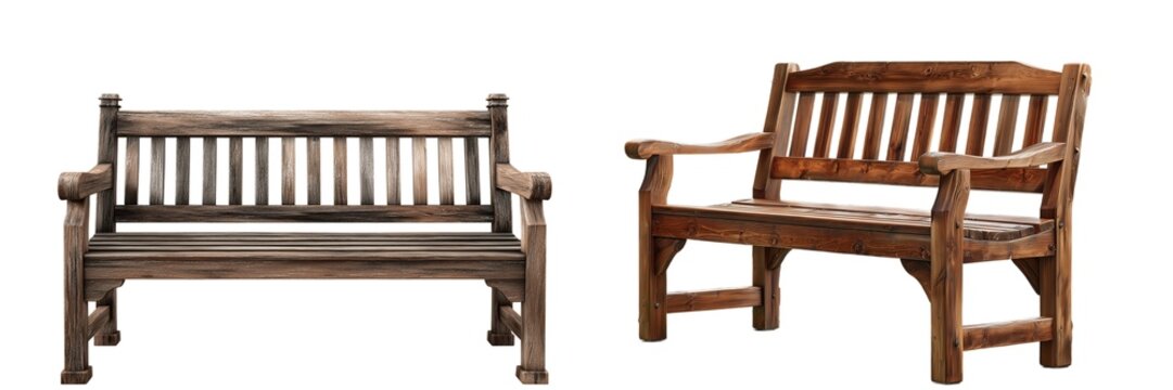 Wooden outdoor garden park benches set isolated on transparent background