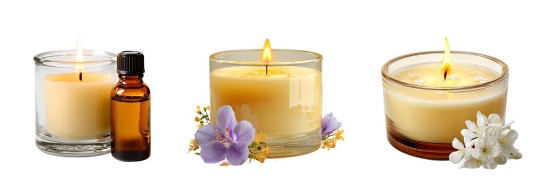 Fragrant candles and aroma oils set isolated on transparent background