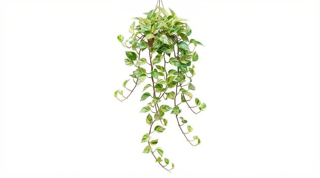 Hanging pothos plant with trailing green leaves, variegated devil's ivy houseplant on white background, indoor climbing plant for home decor
