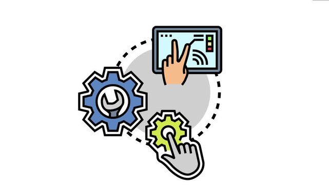 Hand engaging with a digital interface for customizing adaptable system controls, demonstrating optimization and personalized settings through interconnected gears