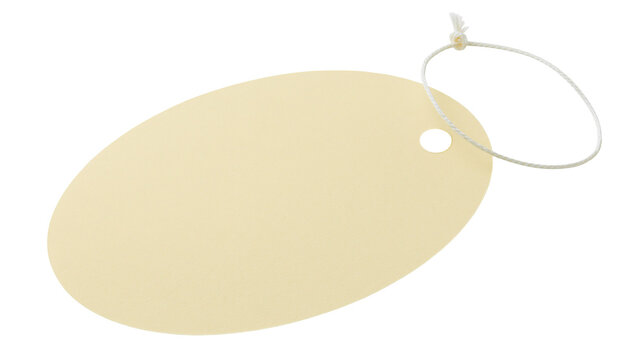 Oval cream colored paper tag with white string loop, isolated on transparent background