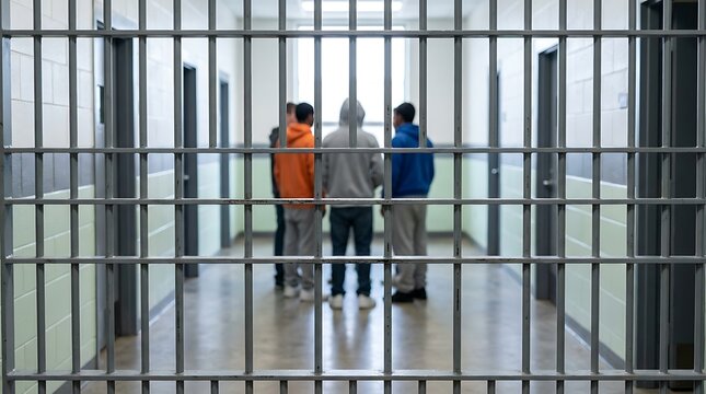 Inmates wearing colorful hoodies standing within concrete prison hallway behind metallic bars representing judicial consequences law enforcement and incarceration.
