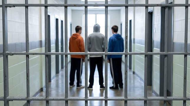 Three men in hooded sweatshirts standing inside prison corridor behind iron bars symbolizing loss of freedom justice system rehabilitation and legal confinement.