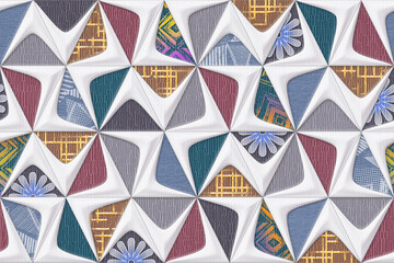 Fototapeta premium Abstract 3D Geometric Tile Pattern with Colorful Fabric Textures and White Overlays for Modern Interior Design Mockups