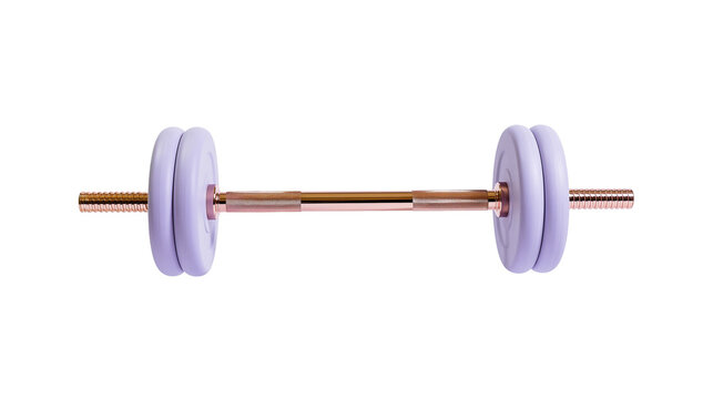 Rose gold barbell with lavender weight plates, isolated on transparent background