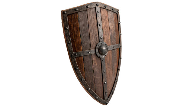 Medieval wooden warrior shield with metal reinforcement isolated on a white background