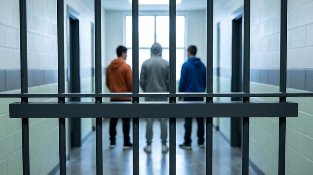 Three young men in hoodies standing in prison corridor behind iron bars depicting themes of confinement legal consequences institutional life and incarceration.