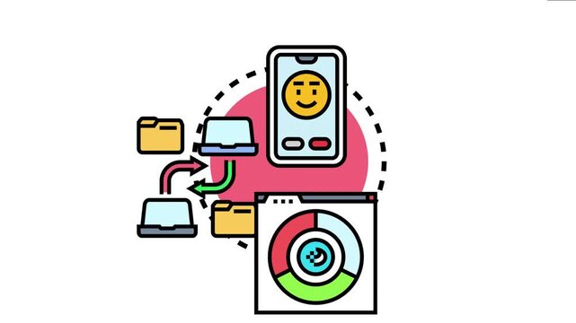 Adaptable scalable artwork concept showing data flow and synchronization between a mobile application. Various devices. Folders. And a web browser visualizing analytical reports for digital solutions