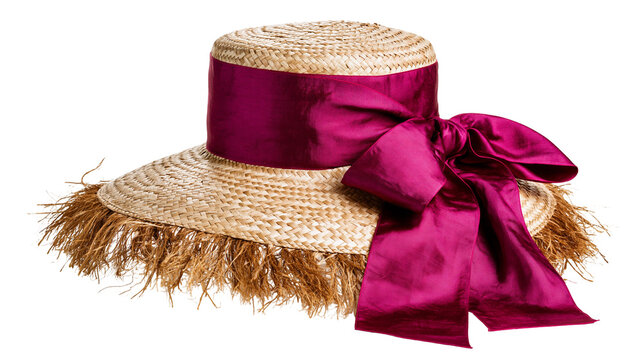 Straw boater hat with magenta ribbon and bow frayed brim, isolated on transparent background