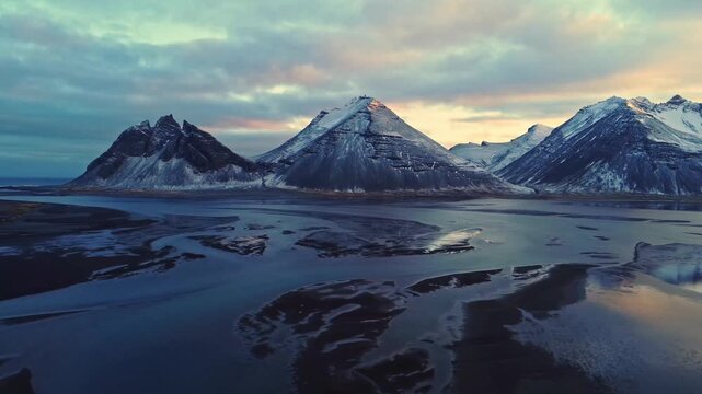 Aerial drone view of Vestrahorn mountain rising above the Stokksnes tidal flats, with snow covered peaks illuminated by sunrise and reflecting across the coastal landscape in Iceland