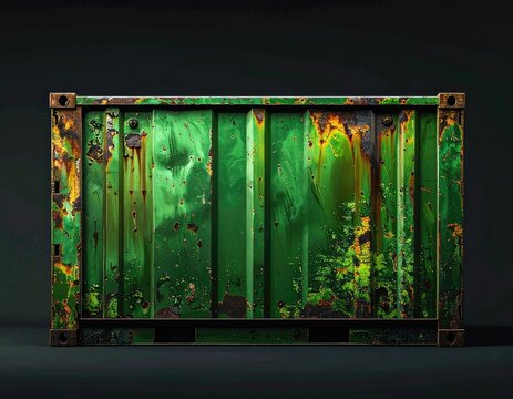 A weathered green shipping container with signs of rust and corrosion sits against a dark background.