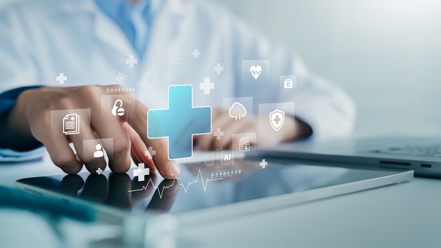 Doctor holding health data, medical information, and healthcare digital interface. cloud health records and patient analysis innovation with AI technology on network electronic folder document.