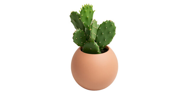 Green prickly pear cactus in a round terracotta pot, isolated on transparent background