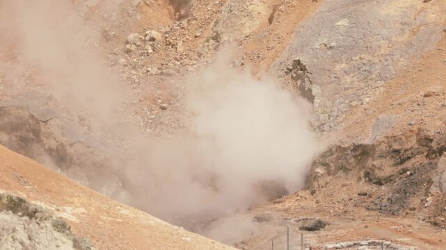 Active Steam Vents Rise From The Rugged Volcanic Mountain Terrain Of Noboribetsu Jigokudani (Hell Valley) In Hokkaido, Japan. Wide Shot