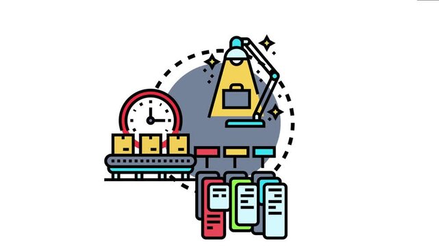 Flexible work times and adaptable scheduling system showing a lamp illuminating a briefcase, a clock with conveyor belt and boxes, and multiple vertical schedule or task lists