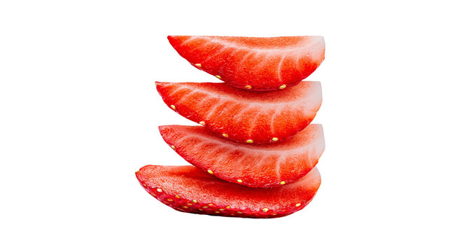Stack of four fresh red strawberry slices, isolated on transparent background