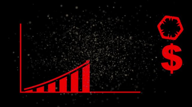 Financial bar chart displaying upward economic growth with a dollar sign symbol and hexagon icon set against a dark red particle background overlay.