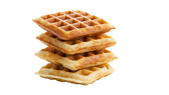 Stack of four golden brown square waffles, isolated on transparent background