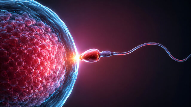A single sperm cell approaches and contacts a glowing egg cell, illustrating the moment of fertilization in a microscopic view.
