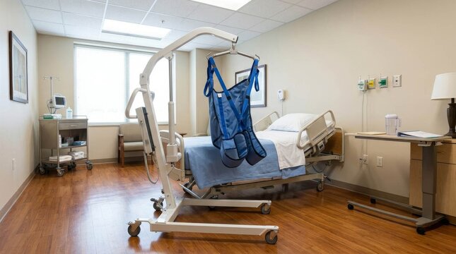 Hospital Room with Patient Transfer Lift and Bed.