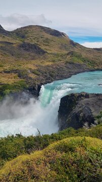 Salto Grande plunges through the wild landscape of Torres del Paine National Park, Chile, its turquoise waters connecting Lago Nordenskj&ouml;ld and Lago Peho&eacute; amid protected Patagonian wilderness and dram