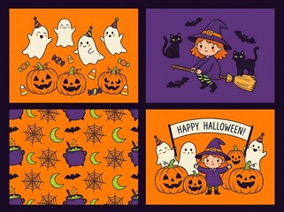 Fototapeta premium Halloween Graphic Illustration Set with Cute Witch and Ghost Pattern