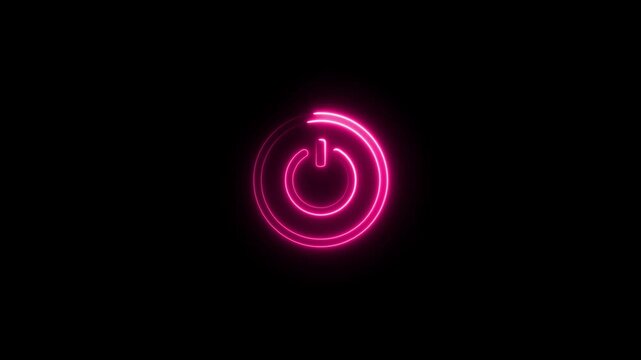 Glowing neon colour power button icon animation technology shutdown screen turn on black background 4k video.