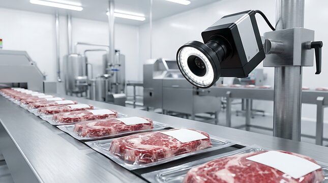 Automated quality control system for packaged raw meat steaks on production line with advanced camera inspection for food safety compliance in industrial facility.