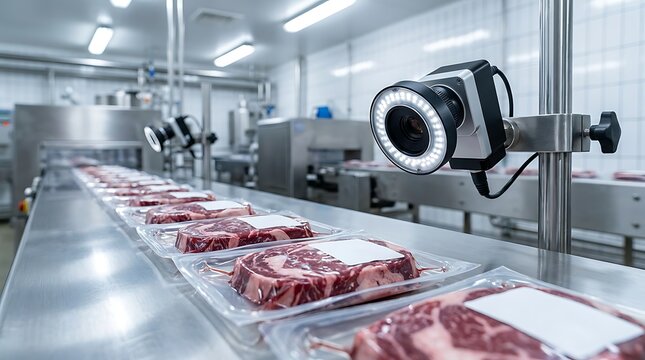 Automated quality control system for packaged raw meat steaks on production line with advanced camera inspection for food safety compliance in industrial facility.