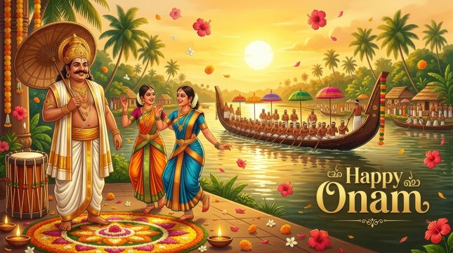 King Mahabali wearing traditional dhoti and golden crown with women dancing near boat race on Onam harvest festival morning.