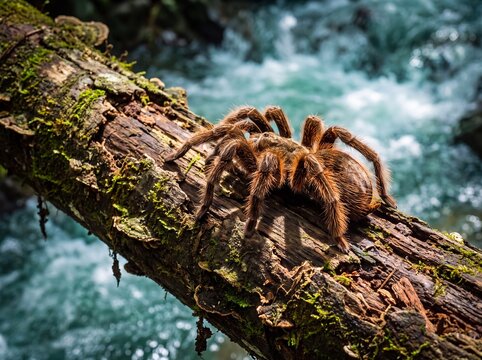 Large Hairy Tarantula Spider Crawling on Mossy Log Over Rushing River in Rainforest