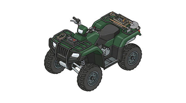 Green utility all terrain vehicle equipped with agricultural tools in isometric vector illustration