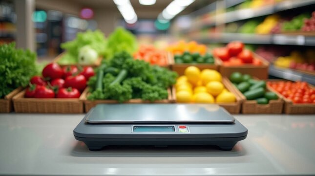 Digital grocery scale placed on counter in supermarket produce section.