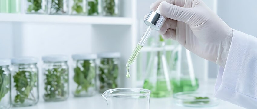 Scientist in white coat wearing gloves carefully dripping liquid from pipette into beaker during laboratory research for medical or cosmetic product development extraction.