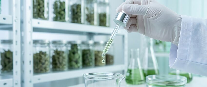 Scientist in white coat wearing gloves carefully dripping liquid from pipette into beaker during laboratory research for medical or cosmetic product development extraction.