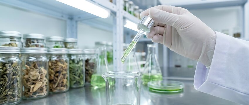 Scientist in white coat wearing gloves carefully dripping liquid from pipette into beaker during laboratory research for medical or cosmetic product development extraction.