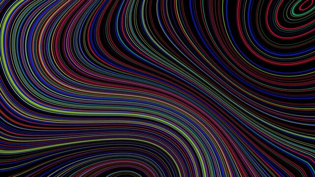 Multicolored curved ribbons compressing into tight layered bundles on black background with diagonal flow, concentric convergence, and vivid abstract motion, with ribbon, line, curve, band detail