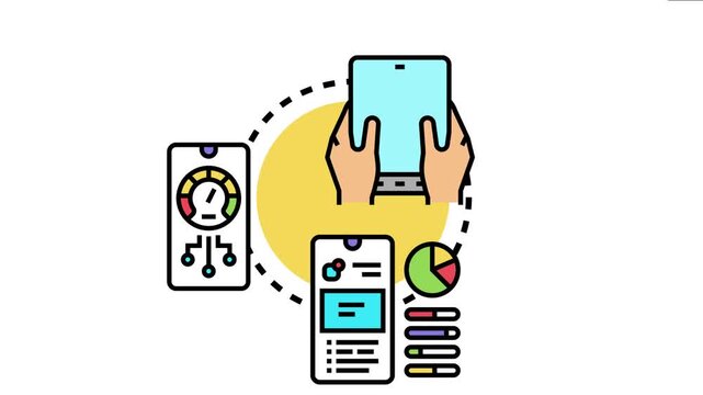 Hands holding a tablet and viewing mobile applications with various data representations, responsive uiux for different devices and screen sizes