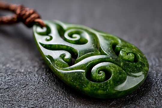 Close-up of a Greenstone Pounamu Hei Toki Pendant with Intricate Carvings and a Brown Cord