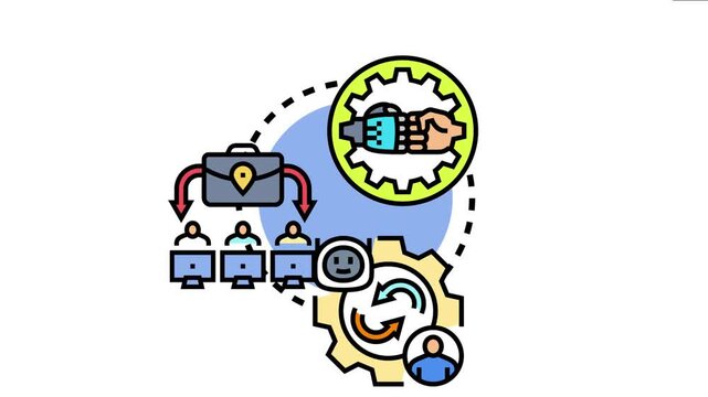 Project management concept visualizing adaptive team roles. Outlining effective coordination. Task distribution with a briefcase. Stakeholder engagement