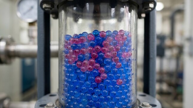 Industrial water filtration column filled with blue and pink ion exchange resin beads.