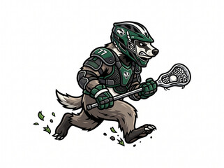 Fototapeta premium Fierce Anthropomorphic Badger Lacrosse Player Running with the Ball