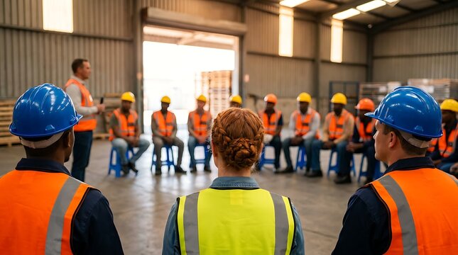 Diverse construction workers wearing hard hats and safety vests listen intently to foreman giving instructions in warehouse setting.