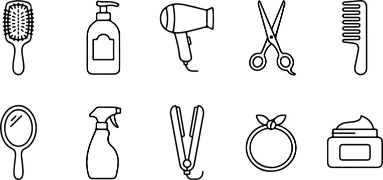 Hair salon and beauty care line icons set for professional styling and grooming services.