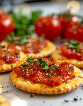 Crunchy mini pizza crackers with rich tomato topping and aromatic herbs, surrounded by fresh red tomatoes and green herbs, appetizing snack, tasty food. Close-up.