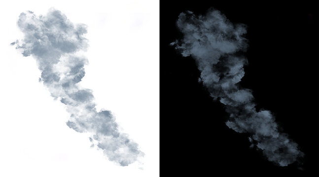 Atmospheric smoke plume illustration, realistic gray vapor trail on black and white backgrounds, thick steam cloud for visual effects