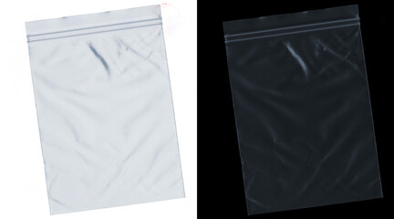 Transparent plastic zipper bag mockup, empty polyethylene zip pouch on white and black backgrounds, clear sealable storage bag for packaging © Salim